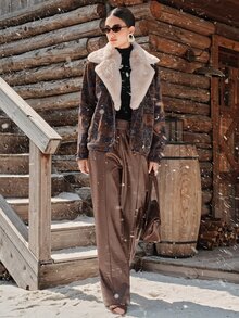 Anewsta Women's New Fashion High-End Sweet Cool Lapel Faux Fur Fleece Jeans Coffee Brown Jacket - Coffee Brown - View 6
