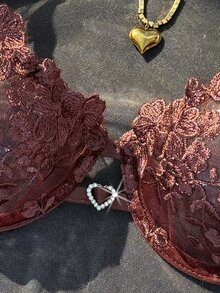 SHEIN Women's Sexy Heart Rhinestone Underwire Push-Up Embroidered -Back Panty Lingerie Set 2pcs - Red Violet - View 4