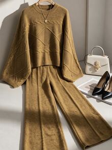 Louniche Autumn/Winter New Elegant Casual Mustard Yellow Twisted Rope Texture Shoulder Batwing Sleeve Short Top Straight Leg Long Pants Daily Commute Women's Fashion Knit Pullover Sweater Two Pieces Set - Yellow - View 7