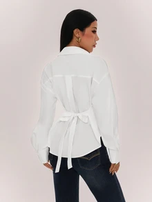 SHEIN PETITE 女款法庭風燈籠袖後綁帶收腰長袖襯衫 - 白色 - 查看 2
