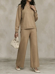 SHEIN Women's Solid Color Crew Neck Pullover & Long Pants Fashion Casual 2 Pieces Set - Camel - View 6