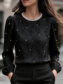 SHEIN Women's Woven Elegant Beaded Jacquard Fall Blouse - Black - View 1