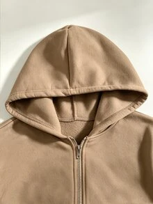 SHEIN 青少年女孩秋季灰色拉鍊式落肩長袖寬鬆休閒衛衣外套，寬鬆抓絨內裡基礎休閒衛衣外套 - 卡其色 - 查看 5