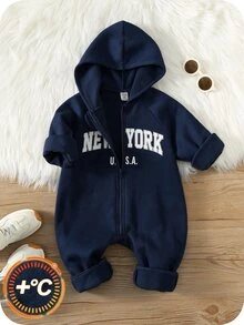 SHEIN 可愛休閒字母印花連帽連身衛衣，適合男嬰 - 藏蓝色 - 查看 8