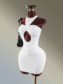 Amplova Women's White Halter Neck Pleated Athletic One-Piece Dress - White - View 5