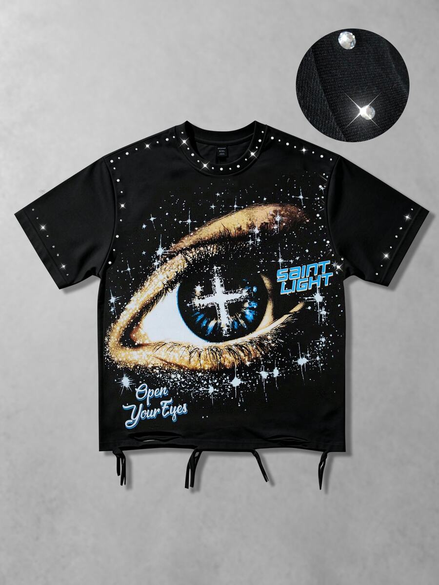 ROMWE MEN 2026 New Watermark Rhinestone Distressed CVC Spring/Summer Casual Street Style Plus Size T-Shirt - Black - View 1