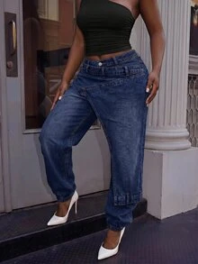 Slaydiva Jeans de diseñador con puños de botones talla grande - Azul - Ver 2