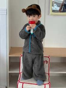 DAZY Infant/Toddler (Boy) Turn-Down Collar Fleece-Feel Autumn/Winter Color-Block 2 Pieces Loungewear Set - Dark Grey - View 3