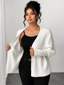 SHEIN Elenzya Women's Autumn New Single Piece Rope Pattern Sleeve Tight Design Loose Short Versatile Solid Color Daily Commute Knit Cardigan Sweater Plus Size - Beige - View 3
