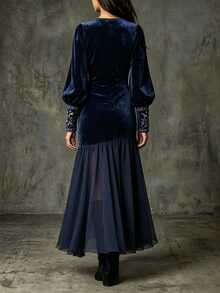 LUMIGAL Women's Elegant Velvet Printed Patchwork Dress - Navy Blue - View 2