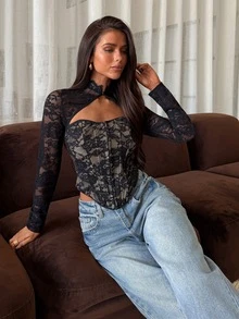 Aloruh Women's Semi-High Neck Hollow Lace Patchwork Long Sleeve Boning Top - Black - View 2