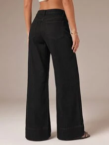 SHEIN PETITE Women's Casual Versatile Flare Leg Denim Jeans With Pockets - Black - View 2