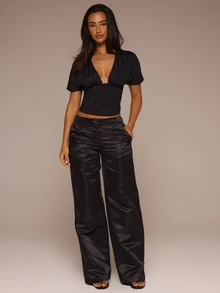 MUSERA ESSENTIALS Black Satin Low Rise Straight Leg Pants Autumn Winter Night Out Day To Eve - Black - View 1