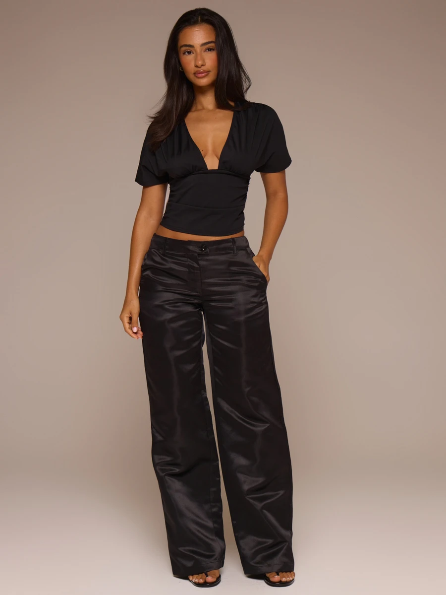 MUSERA ESSENTIALS Black Satin Low Rise Straight Leg Pants Autumn Winter Night Out Day To Eve - Black - View 1