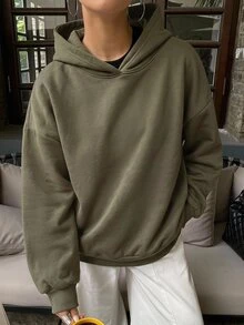 DAZY 連帽休閒保暖內裡純色中性寬鬆女款運動衫 - 綠色 - 查看 3