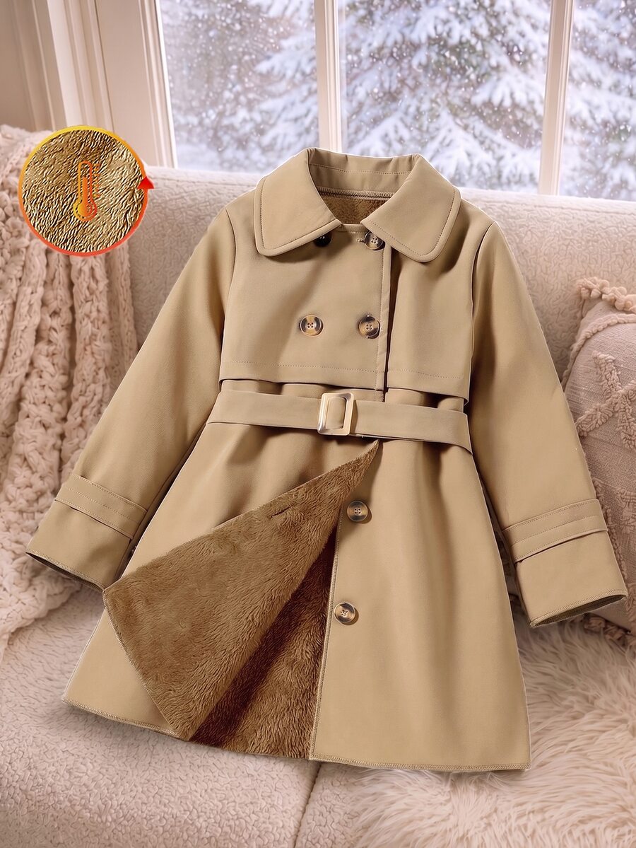 Elladie kids Girls' Simple Double-Breasted Mid-Length Trench Coat, Spring/Autumn Fashion Waist Belt Jacket - Khaki - View 1