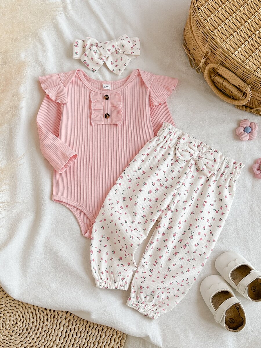 SHEIN 3pcs Baby Girl Bodysuit + Pants Cute Sweet Pink White Floral Print Bow Ruffle Flutter Sleeve Round Neck Regular Party Fall Elegant Chic Boutique - Pink - View 1