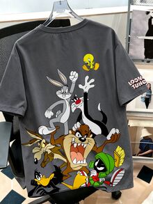LOONEY TUNES X SHEIN Daypath 男士卡通印花休閒日常短袖T恤 - 灰色 - 查看 2