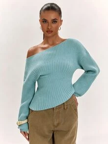 SHEIN BAE 秋冬新款女式時尚百搭優雅時尚純色針織修身抓皺休閒毛衣 - 霧霾藍 - 查看 6