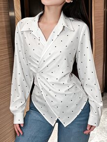 SHEIN Franclia 女款復古黑白波點裹身長袖襯衫，適合日常通勤 - 白色 - 查看 5