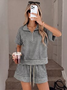 SHEIN LUNE 女款休閒夏季度假通勤日常基礎時尚外出穿搭條紋短袖上衣與短褲兩件套 - 灰色 - 查看 7