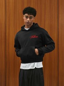 TOKVUE 男士刺繡街頭風長袖連帽衛衣，附口袋，Off Campus College 黑色與紅色，秋季款 - 黑色 - 查看 6