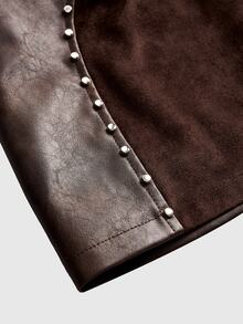 ROMWE Autumn/Winter Hippie Hot Girl Ultra Low Waist Fitted Patchwork PU Rivet Decor Women's Mini Skirt - Brown - View 4