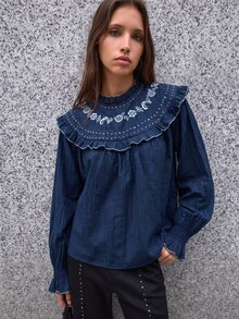 Nöista 女款花卉刺繡圖案休閒日常穿著襯衫 - 寶藍色 - 查看 4