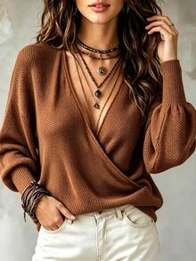 SHEIN 女款純色深V領時尚休閒毛衣 - 橘色 - 查看 5