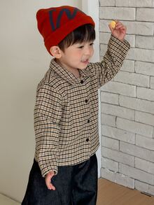 DAZY Baby Boy Collared Long Sleeve Plaid Design Loose Casual Top - Khaki - View 8