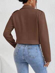 SHEIN 女款棕色前拉鍊長袖翻領口袋百搭夾克 - 棕色 - 查看 2
