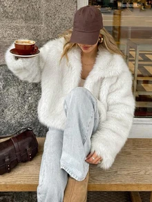 Livesso Women's Solid Color Lapel Neck Long Sleeve Loose Faux Fur Jacket - White - View 6