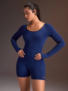 Powerista Women's Long Sleeve Blue & Orange Colorblock Seamless Sports Jumpsuit - Royal Blue - View 5
