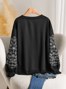 CosyJoli Casual Home & Vacation Women's Loose Embroidered Crew Neck Sweatshirt, Black, Autumn/Winter - Black - View 2