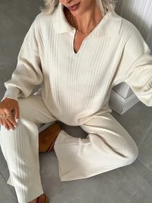 SHEIN Women's Rib Knit Collared Sweater & Wide Leg Pants 2 Pieces Lounge Set - Cream - View 5