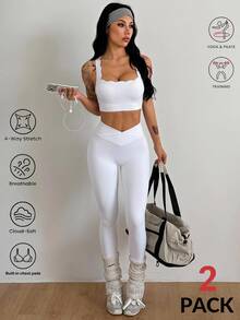 Coolane Women's Summer Square-Neck Yoga Set Sleeveless Slim-Fit Shorts And Shell-Edge Tank Top With Built-In Pads - White - View 5