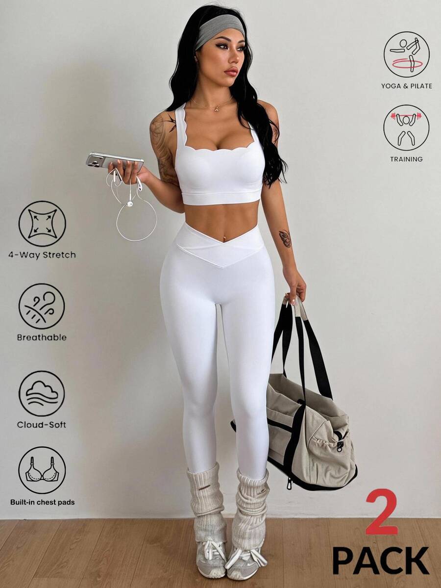 Coolane Set Yoga Musim Panas Wanita Model Leher Persegi, Celana Pendek Tanpa Lengan Pas Badan dan Tank Top Tepi Berbentuk Cangkang dengan Bantalan Terintegrasi - Putih - View 1