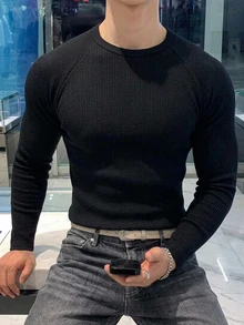 DAZY Spring/Autumn Black Slim Fit Raglan Sleeve Crew Neck Ribbed Elastic Knit Fabric Streetwear Men's T-Shirt - Black - View 5