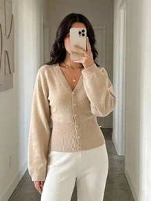 DAZY Cardigan Rajut Wanita Warna Beige, Kerah V, Kancing Tunggal, Pinggang Pas, Hem Bergaris, Lengan Panjang, Serbaguna - Khaki - View 4
