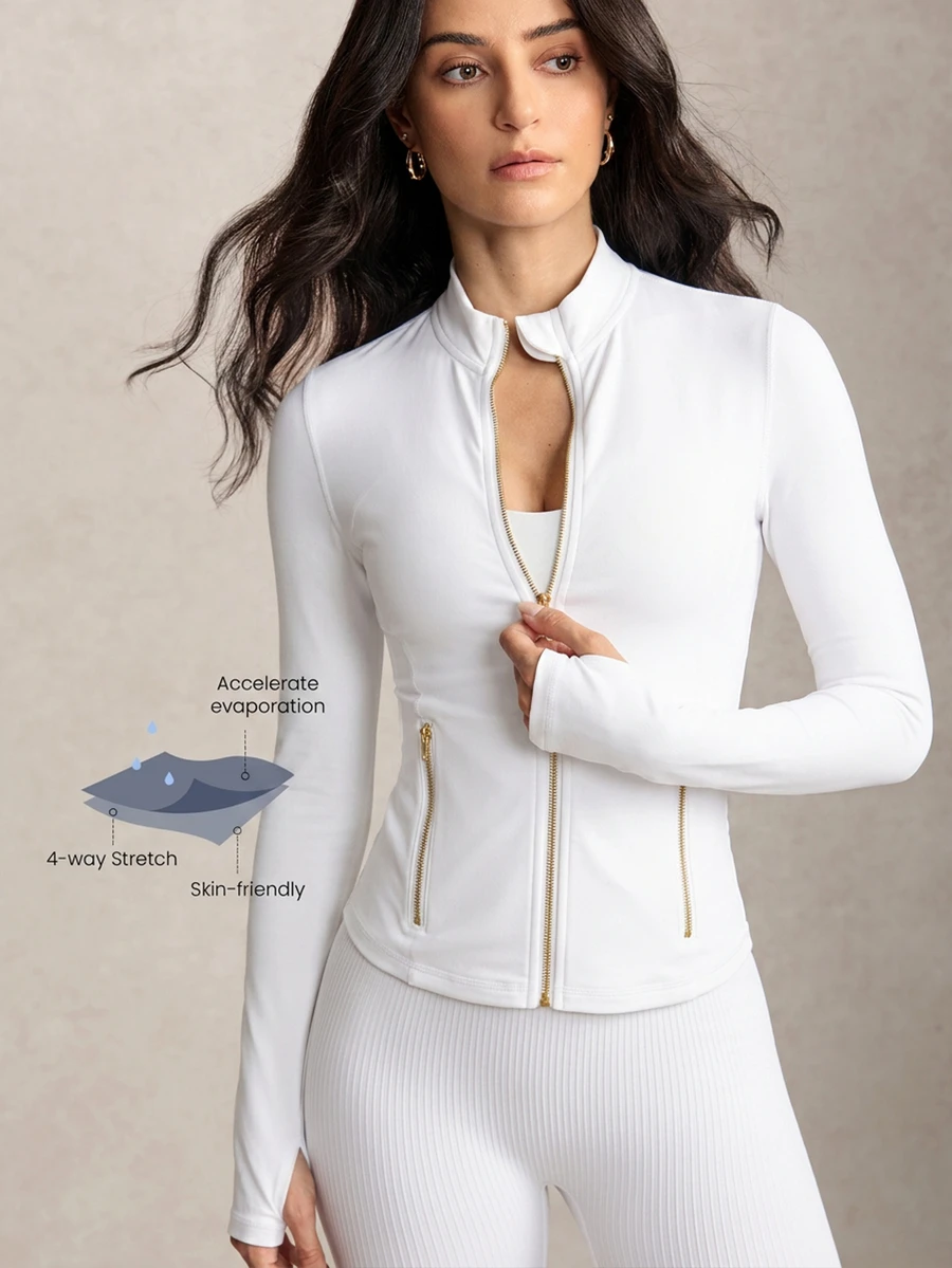 Activina Women's Solid Color Minimalist Stand Collar Long Sleeve Zip-Up Sports Jacket - White - View 1