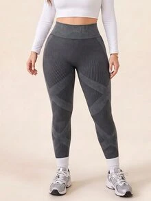 SHEIN Plus Size Women's High Waist Butt Lifting Sports Leggings - Black - View 3