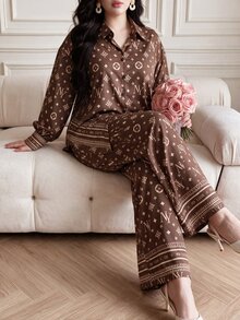 Vibekara Versatile Elegant Brown All-Over Print Long Sleeve Shirt + Straight Leg Wide Leg Pants Loose Fit Slimming Casual 2 Pieces Set - Rust Brown - View 1