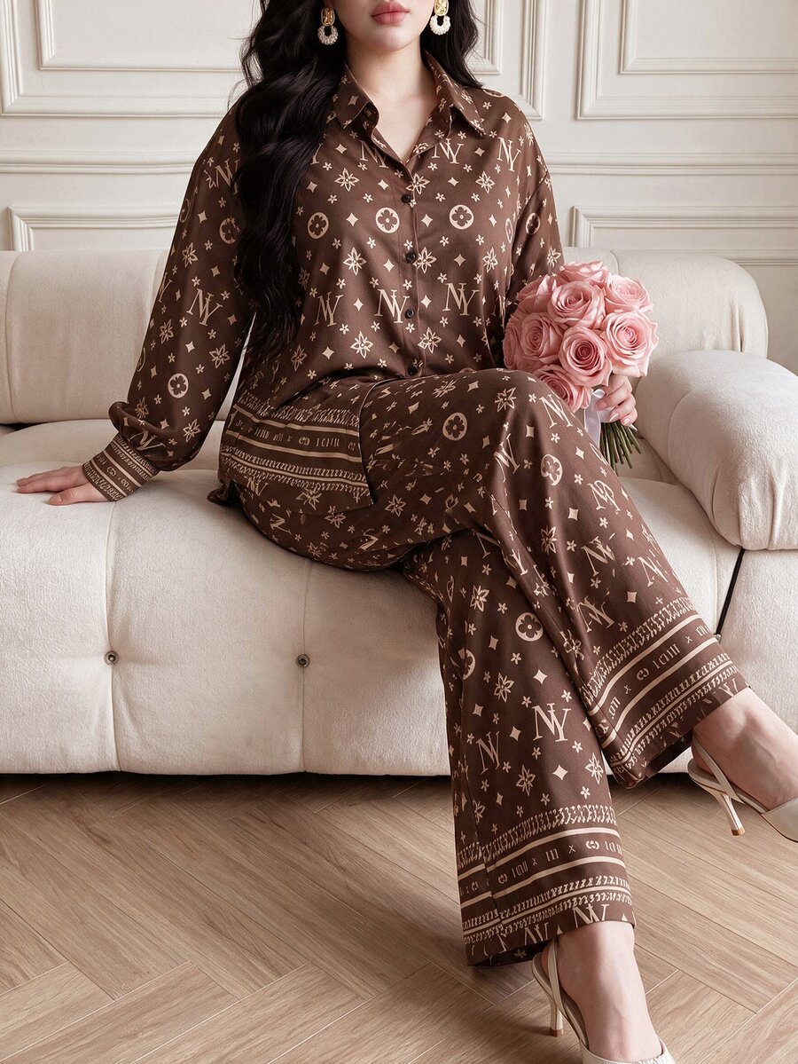 Vibekara Versatile Elegant Brown All-Over Print Long Sleeve Shirt + Straight Leg Wide Leg Pants Loose Fit Slimming Casual 2 Pieces Set - Rust Brown - View 1