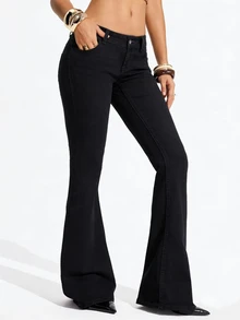 SHEIN PETITE Celana Denim Flare Kasual Serbaguna untuk Wanita - Hitam - View 4