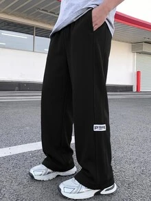 SHEIN 兒童青少年男孩學院風舒適時尚極簡街頭寬鬆實用華夫格針織運動長褲，舒適加厚，適合日常穿著、學校、旅行、運動，春、夏、秋、冬四季皆宜，開學季、開學典禮適用 - 黑色 - 查看 5