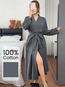 Napfluff روب طويل نسائي كاجوال من القطن 100% ناعم على البشرة للمنزل والصباح - رمادي - مشاهدة 2