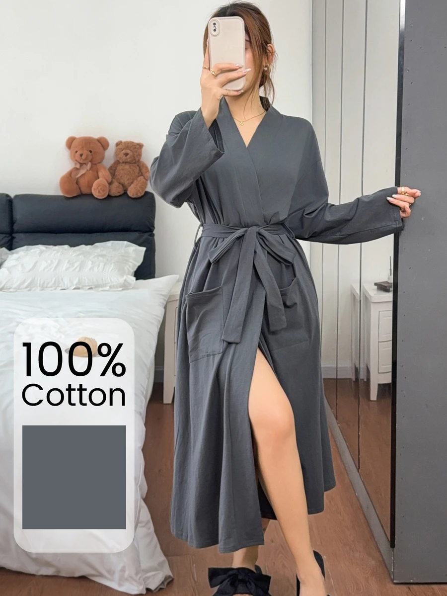 Napfluff 100% Cotton Women's Casual Skin-Friendly Loungewear Long Robe Morning Gown - Grey - View 1