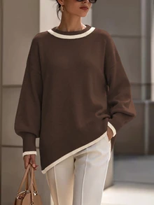 Balvessa Contrast Trim Round Neck Dropped Shoulder Lantern Sleeve Asymmetrical Hem Loose Slouchy Women's Knit Sweater - Multicolor - View 1