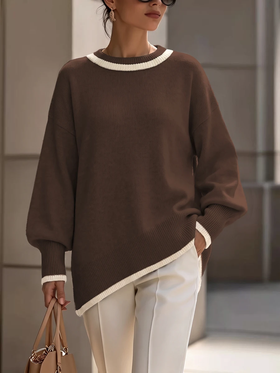 Balvessa Contrast Trim Round Neck Dropped Shoulder Lantern Sleeve Asymmetrical Hem Loose Slouchy Women's Knit Sweater - Multicolor - View 1