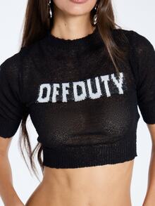 MUSERA Atasan Crop Top Rajut Hitam Bermotif Grafis untuk Wanita, Pakaian Kasual Musim Gugur dan Musim Dingin - Hitam - View 5